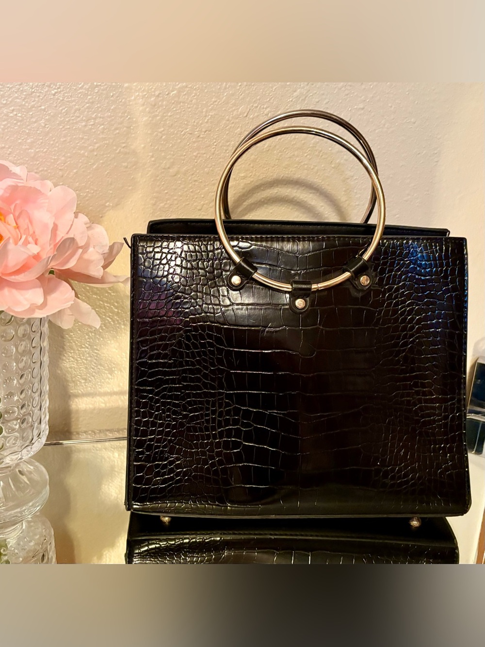 Black Croc-Embossed Ring Handle Tote - Unbranded